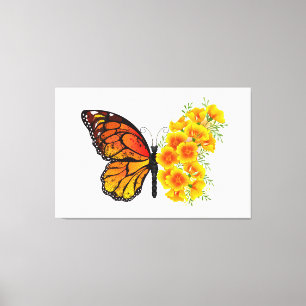 Bloem Vlinder met Gele California Klaproos Canvas Afdruk