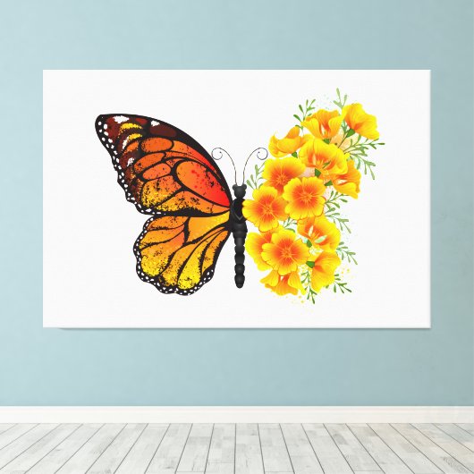 Bloem Vlinder met Gele California Klaproos Canvas Afdruk (Insitu (Houten vloer))