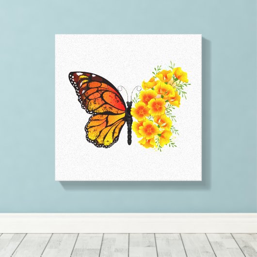 Bloem Vlinder met Gele California Klaproos Canvas Afdruk (Insitu (Houten vloer))