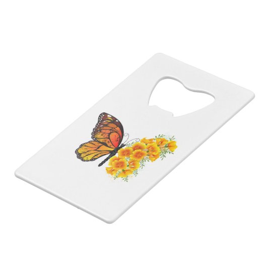 Bloem Vlinder met Gele California Klaproos Creditkaart Flessenopener (Voorkant Gekanteld)