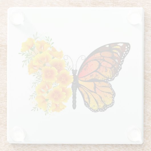 Bloem Vlinder met Gele California Klaproos Glazen Onderzetter (Achterkant)