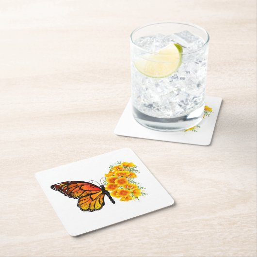 Bloem Vlinder met Gele California Klaproos Kartonnen Onderzetters (Insitu)