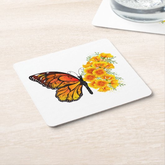 Bloem Vlinder met Gele California Klaproos Kartonnen Onderzetters (Schuin)