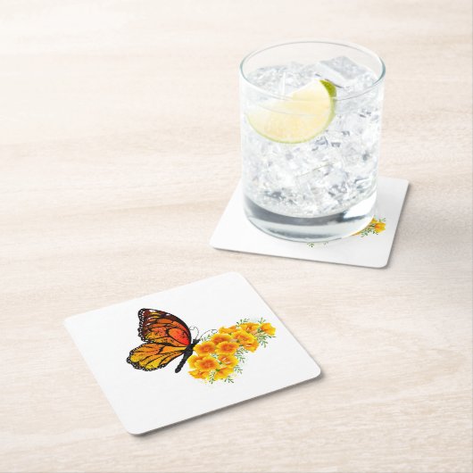 Bloem Vlinder met Gele California Klaproos Kartonnen Onderzetters (Insitu)