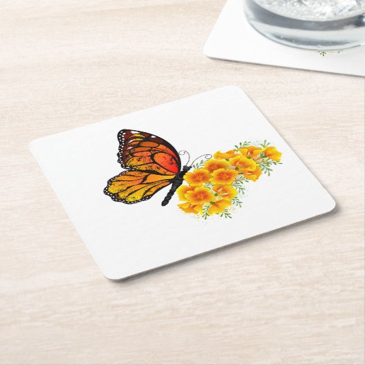 Bloem Vlinder met Gele California Klaproos Kartonnen Onderzetters (Schuin)