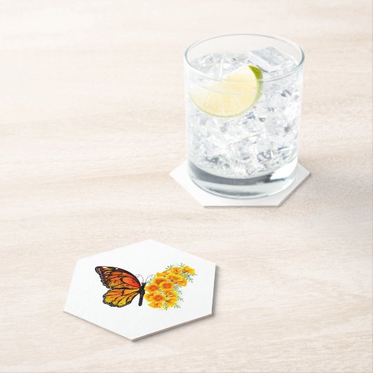 Bloem Vlinder met Gele California Klaproos Kartonnen Onderzetters (Insitu)