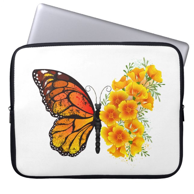 Bloem Vlinder met Gele California Klaproos Laptop Sleeve (Voorkant)