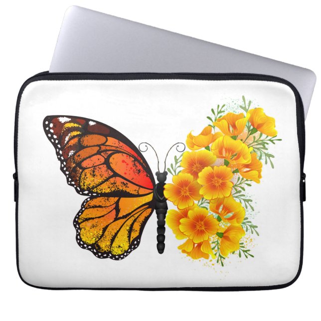 Bloem Vlinder met Gele California Klaproos Laptop Sleeve (Voorkant)