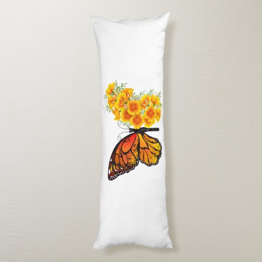 Bloem Vlinder met Gele California Klaproos Lichaamskussen (Achterkant (Verticaal))