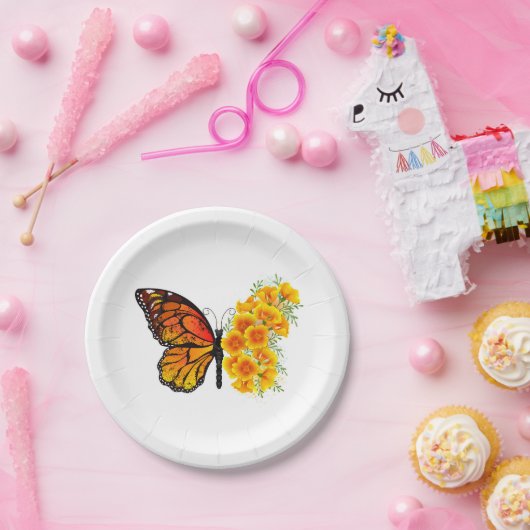 Bloem Vlinder met Gele California Klaproos Papieren Bordje (Feest)
