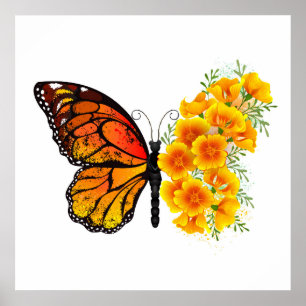 Bloem Vlinder met Gele California Klaproos Poster