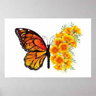 Bloem Vlinder met Gele California Klaproos Poster