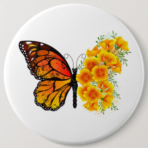Bloem Vlinder met Gele California Klaproos Ronde Button 6,0 Cm