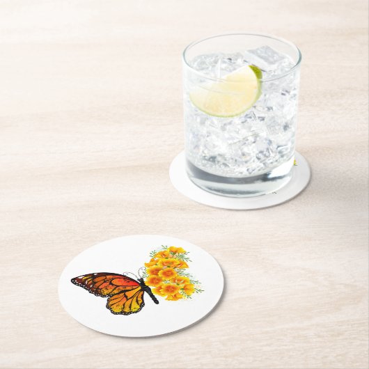 Bloem Vlinder met Gele California Klaproos Ronde Kartonnen Onderzetter (Insitu)