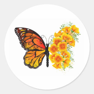 Bloem Vlinder met Gele California Klaproos Ronde Sticker