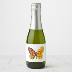 Bloem Vlinder met Gele California Klaproos Sparkling Wijnetiket