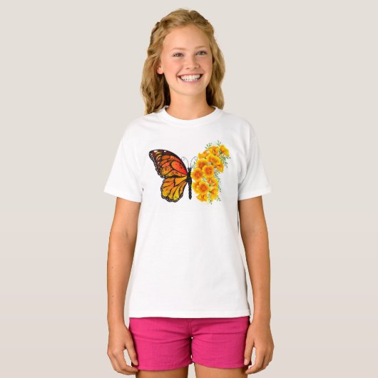 Bloem Vlinder met Gele California Klaproos T-shirt (Voorkant volledig)