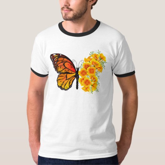 Bloem Vlinder met Gele California Klaproos T-shirt (Voorkant)
