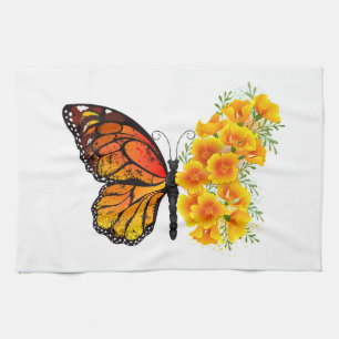 Bloem Vlinder met Gele California Klaproos Theedoek