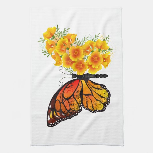 Bloem Vlinder met Gele California Klaproos Theedoek (Verticaal)