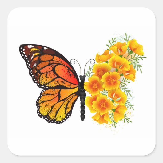 Bloem Vlinder met Gele California Klaproos Vierkante Sticker (Voorkant)