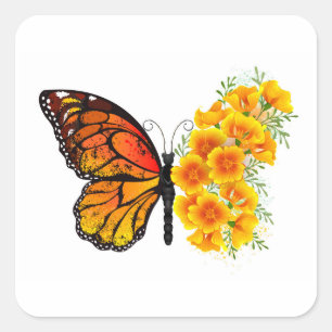 Bloem Vlinder met Gele California Klaproos Vierkante Sticker