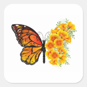 Bloem Vlinder met Gele California Klaproos Vierkante Sticker