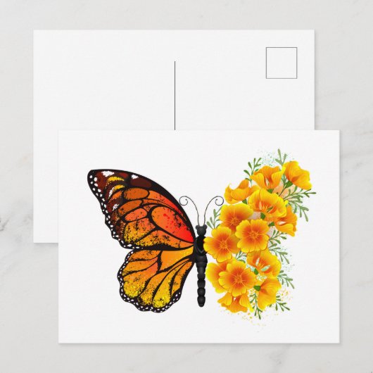 Bloem vlinder met gele Californische pap Aankondigingskaart (Voorkant / Achterkant)