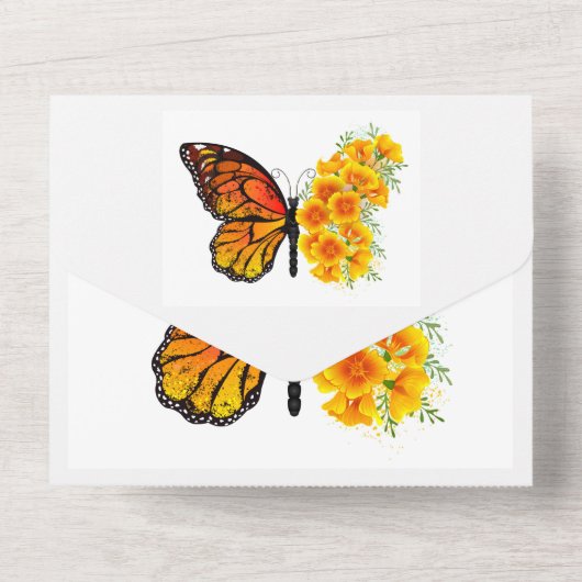Bloem vlinder met gele Californische pap All In One Uitnodiging (Achterkant)