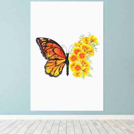 Bloem vlinder met gele Californische pap Canvas Afdruk (Insitu (Houten vloer))