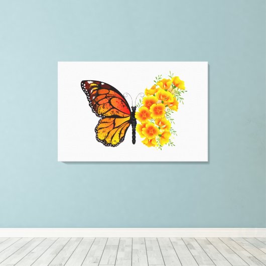 Bloem vlinder met gele Californische pap Canvas Afdruk (Insitu (Houten vloer))