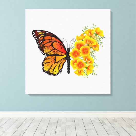 Bloem vlinder met gele Californische pap Canvas Afdruk (Insitu (Houten vloer))