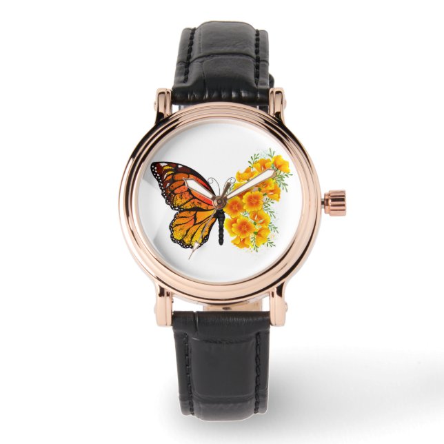 Bloem vlinder met gele Californische pap Horloge (Voorkant)