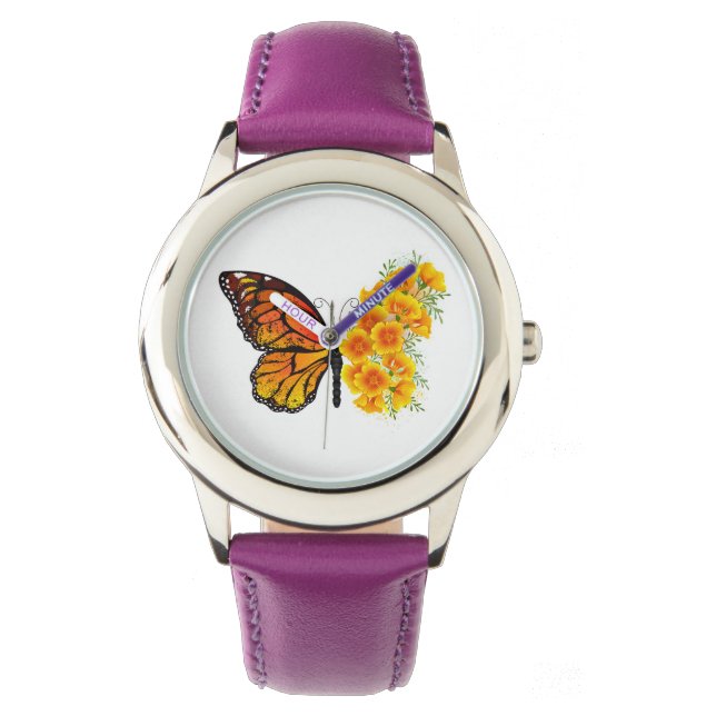 Bloem vlinder met gele Californische pap Horloge (Voorkant)