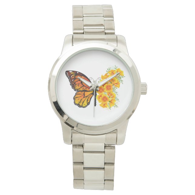 Bloem vlinder met gele Californische pap Horloge (Voorkant)
