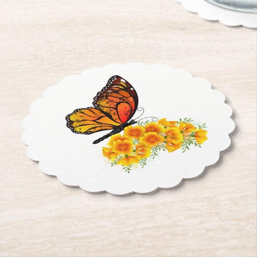 Bloem vlinder met gele Californische pap Kartonnen Onderzetters (Gekanteld)