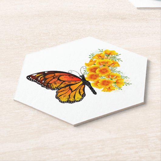 Bloem vlinder met gele Californische pap Kartonnen Onderzetters (Schuin)