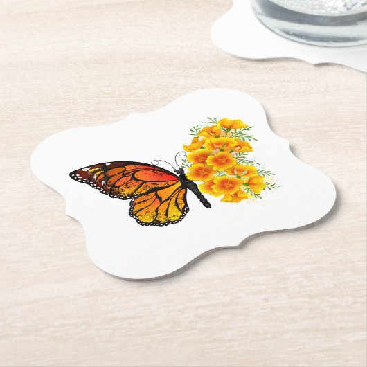 Bloem vlinder met gele Californische pap Kartonnen Onderzetters (Gekanteld)