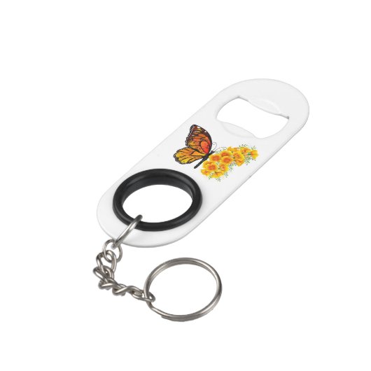 Bloem vlinder met gele Californische pap Mini Flessenopener (Achterkant Gekanteld)
