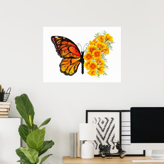 Bloem vlinder met gele Californische pap Poster (Thuiskantoor)