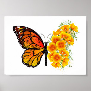 Bloem vlinder met gele Californische pap Poster