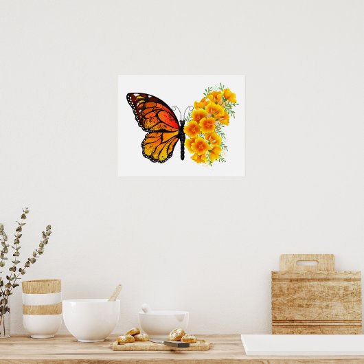 Bloem vlinder met gele Californische pap Poster (Keuken)