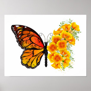 Bloem vlinder met gele Californische pap Poster