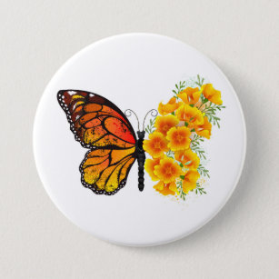 Bloem vlinder met gele Californische pap Ronde Button 7,6 Cm