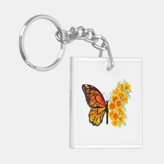 Bloem vlinder met gele Californische pap Sleutelhanger (Voorkant Links)