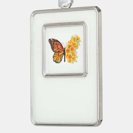 Bloem vlinder met gele Californische pap Verzilverd Omlijst Ornament (Links)