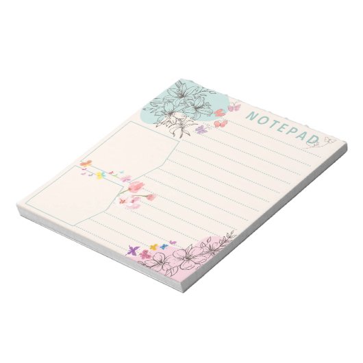 Bloem vlinder met roze groene thema onderste lijn notitieblok (Linkerzijde)