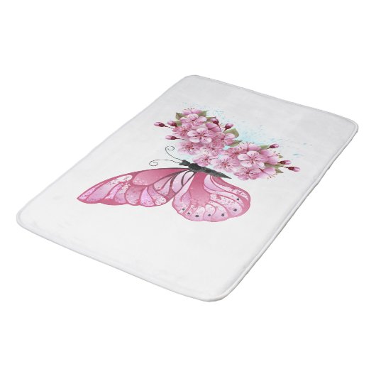 Bloem Vlinder met Roze Sakura Badmat (Gekanteld)