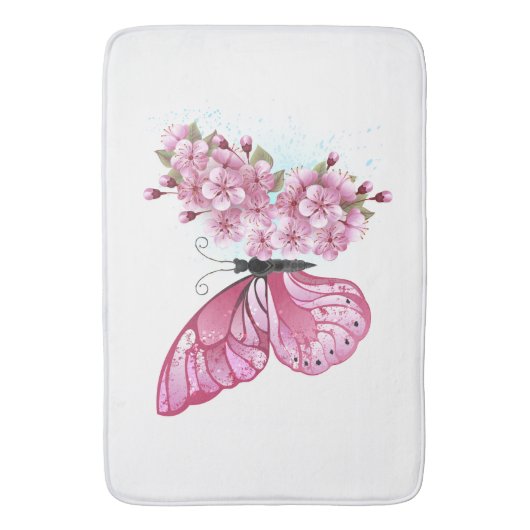 Bloem Vlinder met Roze Sakura Badmat (Voorkant Verticaal)