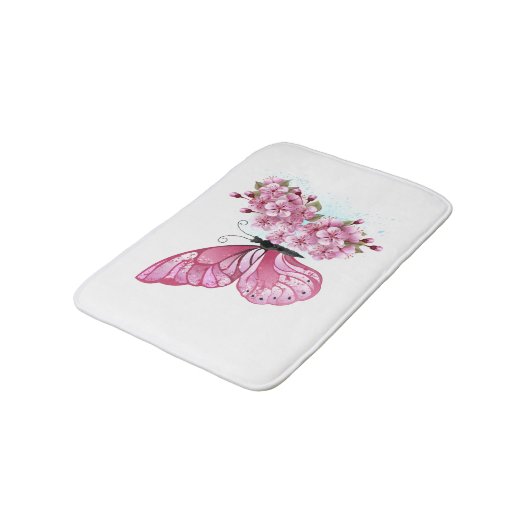 Bloem Vlinder met Roze Sakura Badmat (Gekanteld)